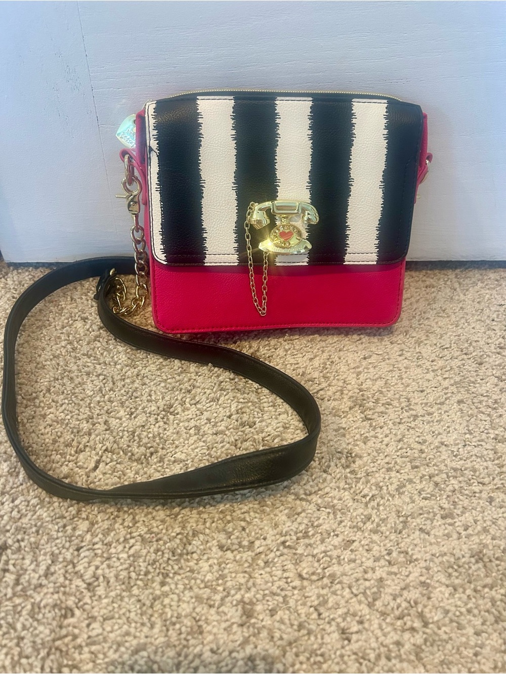 Betsey Johnson Black & White Striped Flap with Pink Body Crossbody Call Me Bag